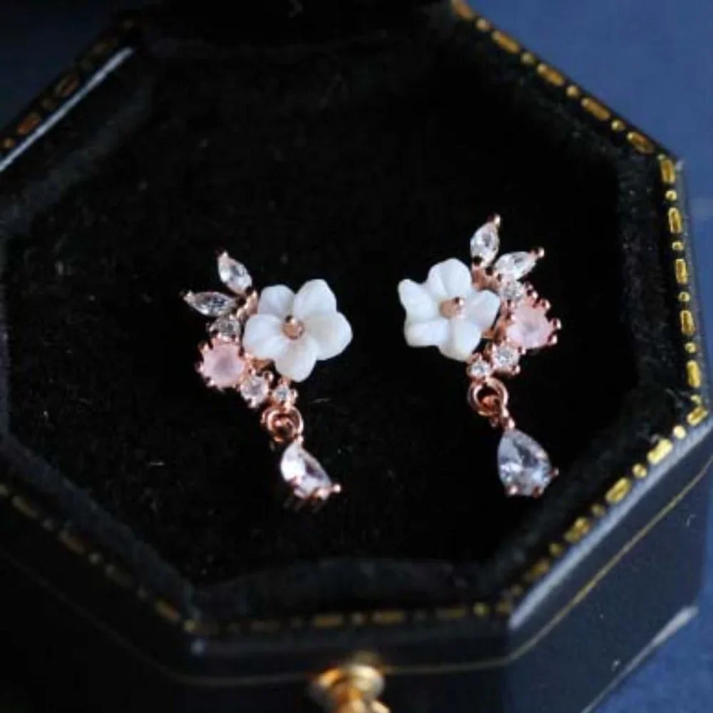 Sterling Silver Crystal Flower Earrings Delicate Minimal Floral Earrings Studs - Picture 4 of 8